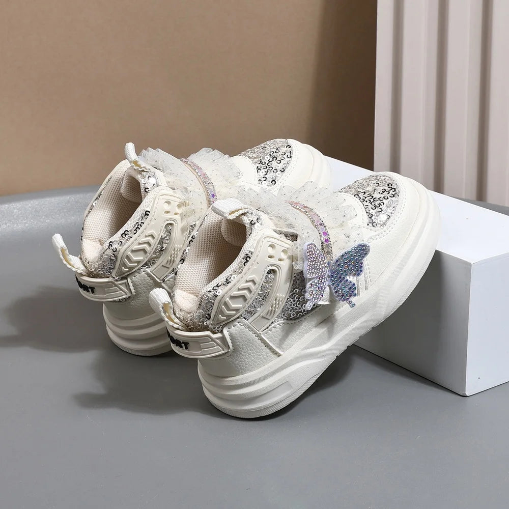 2025 New Autumn Children Shoes Leather Toddler Kids Sport Shoes Bling Bling Cute Butterfly Soft Sole Fashion Girls Sneakers.