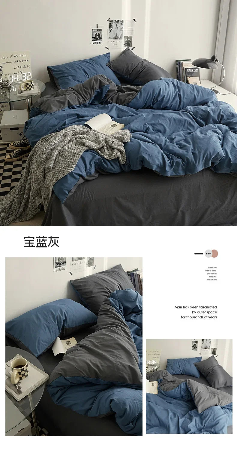 High Quality Solid Color Double Washed Cotton Bedding 4 Pieces Set Student Dormitory Bed Linen Duvet Set Bed Suit.