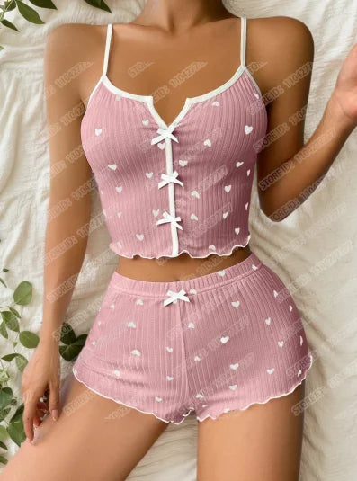 Frauen Sexy Nachtwäsche Pyjamas Set Herz Druck Seide Fleck V-ausschnitt Ärmellose Sexy Dessous Casual Cami und Shorts Sets Loungewear.