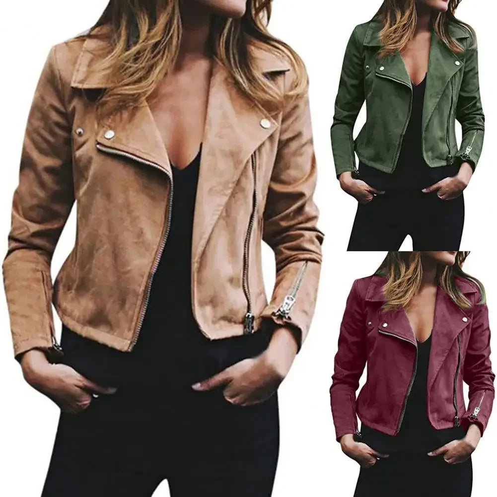 Biker Kurze Pu-Lederjacke Damen Einfarbig Revers Langarm Zip Up Kurze Jacke Mantel Punk Zip-Up Revers Kurzmantel Jacke.