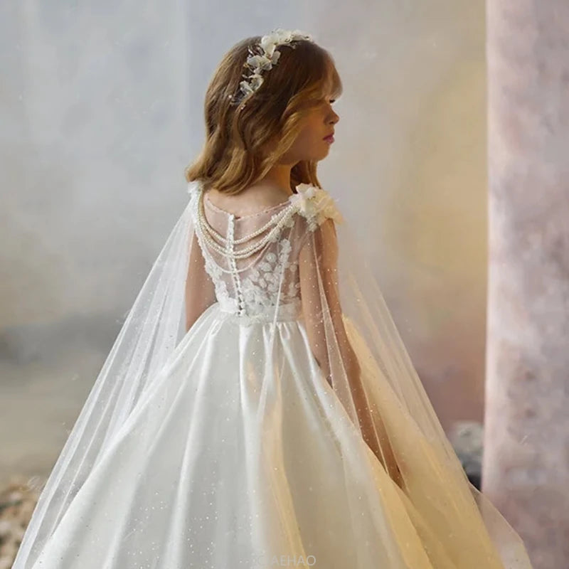 Weißes Mädchen-Hochzeits-Blumenmädchenkleid für Kinder, ärmellos, Ballkleid, langer Zug, Party, Festzug, Klavier, Rezital, Geburtstag, Leistung, Neu.