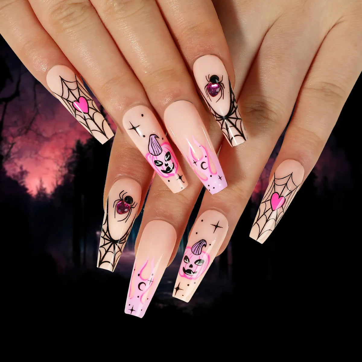 24P/Set Halloween Fake Nails Art Ghost Face Pumpkin Spooky Designer Girls Party Press on Nail Tips Wearable Stick on Nails False.