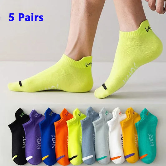 5 Pairs Men Bright Colored Ankle Socks Breathability Fashionable Casual Street Style Deodorizing Invisible Travel Running Socks.