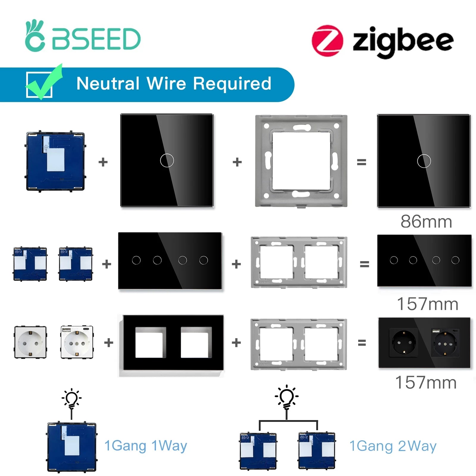 BSEED Zigbee Touch Schalter Funktion Basis 1/2/3Weg Glas Panels EU Wand Smart Steckdose Tuya Smart Leben App DIY Teile Nur.