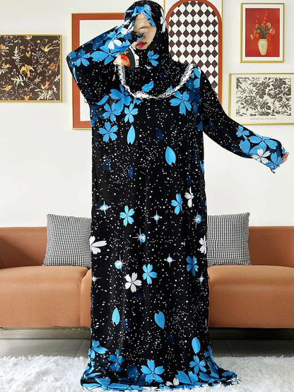 2023 Muslim Solid Cotton Abaya For Women Ramadan Prayer Garment Joint Hat Dubai Turkey Middle East Femme Robe Floral Loose Dress
