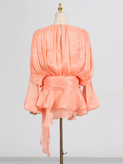 GALCAUR Solide Lose Splicd Lace Up Kleider Für Frauen V-ausschnitt Mit Langen Ärmeln Patchwork Rüschen Tunika Kleider Weibliche Mode Neue