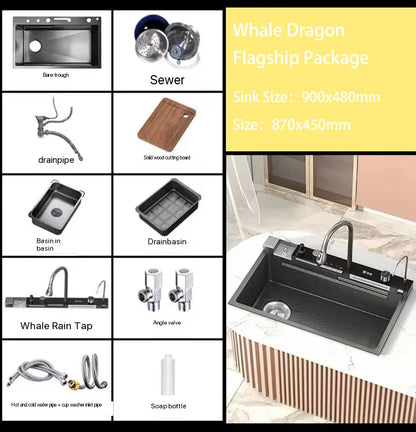 Heißer verkauf Edelstahl Wasserfall Küche Waschbecken Mit Messer Halter Digital Display Wasserhahn Set Geprägte Extra Große Einzigen Slot