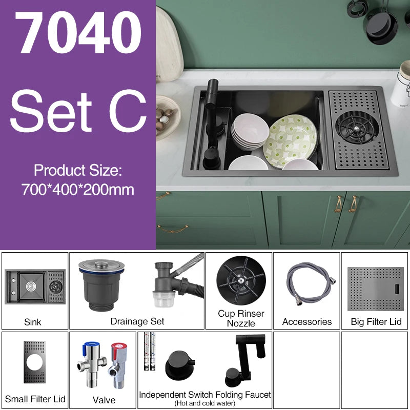 ASRAS Nano Black Small Size Kitchen Sink Cup Washer Hidden Bar Counter Cover Concealed Single Bowl Sinks With Lifting Faucet