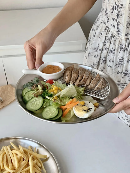 4pcs stainless steel silver plates, Korean style grilled meat plates, household circular trays, bone plates, cake plates.