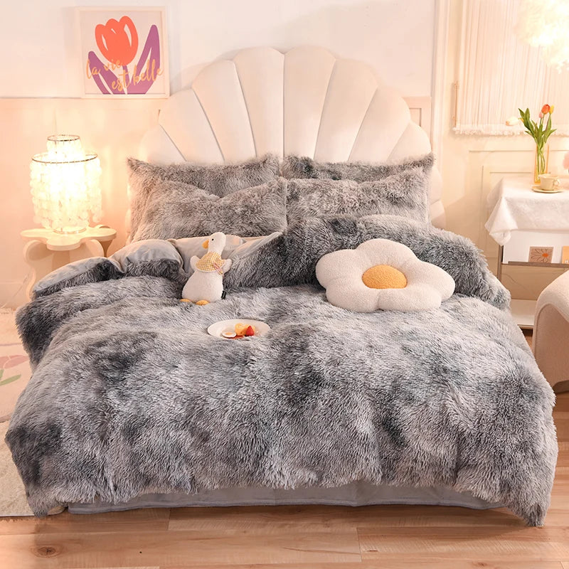 3Pcs Super Shaggy Coral Fleece Warm Cozy Princess Bedding Set Mink Velvet Duvet Cover Set Bed Comforter Cover Blanket Pillowcase