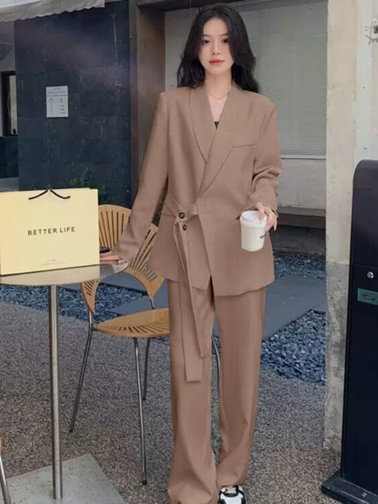 Women's Fashion Office Suit Set Casual Oversized Blazer And Wide Leg Pants Two-Piece Long Sleeve Top Bottoms Combo