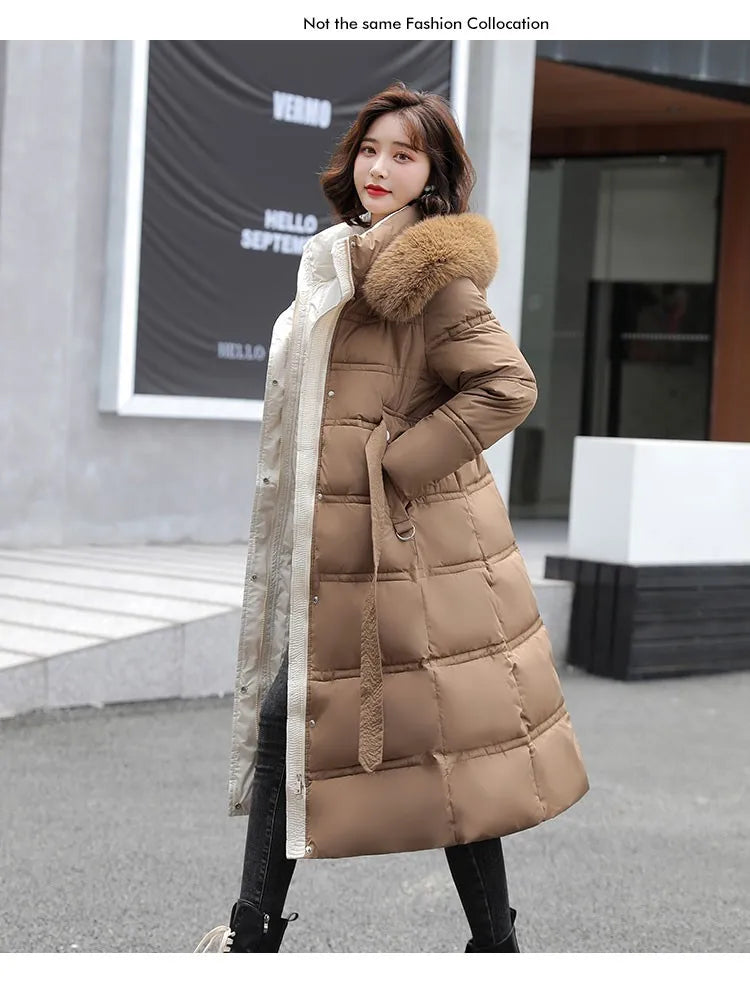 2024 neue Winter frauen Gepolsterte Jacken Mid-länge Modische Mit Kapuze Große Pelz Kragen Lose Dicke Unten Baumwolle Oberbekleidung damen.