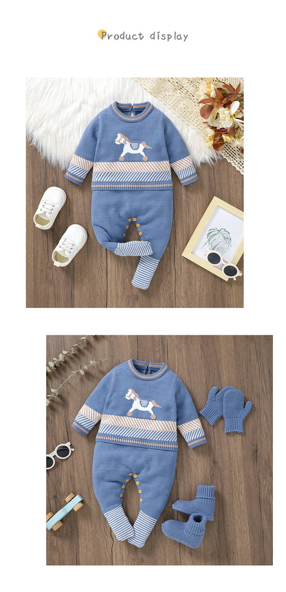 Baby Strampler Blau Langarm Stricken Neugeborenen Jungen Overalls Playsuits Herbst Winter Infant Unisex Outfits Ein Stück Kinder Kostüme.