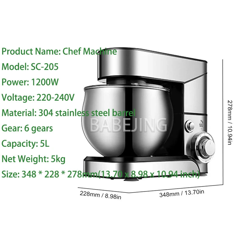 BABEJING New Hot Selling 1200w Kitchen Mixer, Electric Stainless Steel Filling Mixer, Kneading Machine.