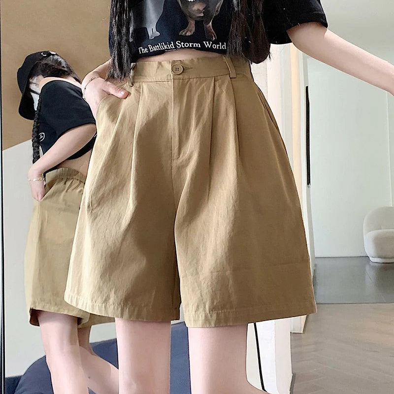 2025 Summer Women Casual Daily Khaki Short Pants Female High Waisted Cargo Shorts Girls Retro Baggy Wide Leg Slacks.