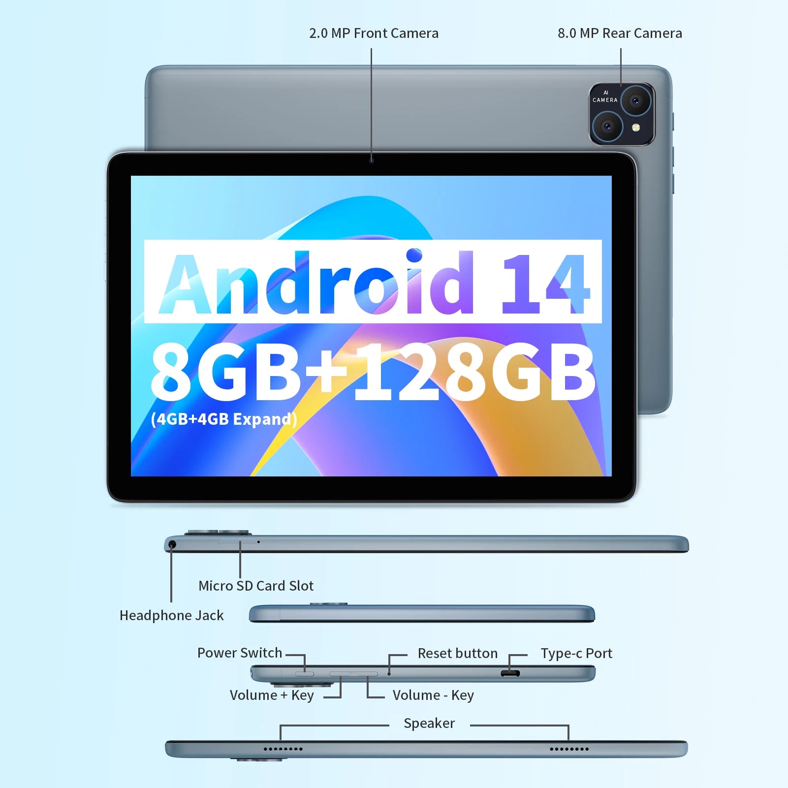 PRITOM Android 14 Tablet 10.1 Inch, 8GB(4+4 Expand) RAM + 128GB ROM, Octa Core, 5G WiFi, with Keyboard, Mouse, Case.