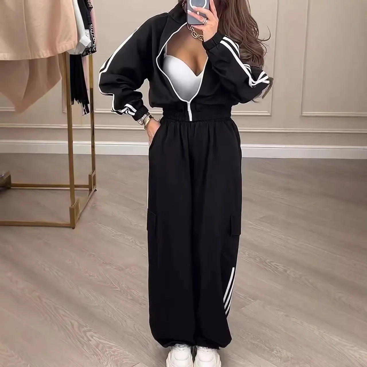 Sports Trousers Loose White Casual Women's Set Fashion Zipper High-waisted Hoodie + Wide-leg Overalls 2-piece Sweatshirt Suit.