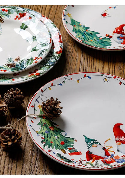 Christmas Ceramic Dinner Plate Set Household Underglaze Flat Round Dim Sum Decorative  Sushi.
