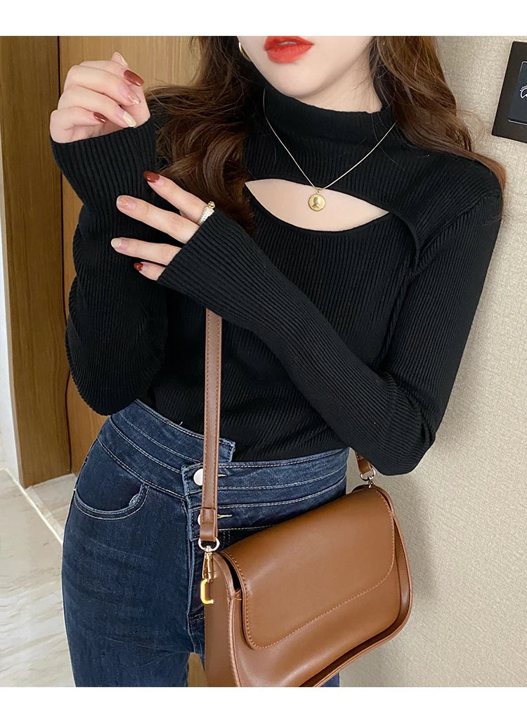 Herbst Winter Gestricktes Hemd Frauen Pullover Stricken Pullover Tops Mode Weibliche Lange Hülse Dünne Elastische Dünne Pullover Shirts.