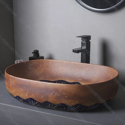 Vintage-Keramik-Waschbecken, ovales Badezimmer, künstlerisches Waschbecken über der Theke, Waschbecken für Badezimmer, Waschtisch, Aufsatzwaschbecken