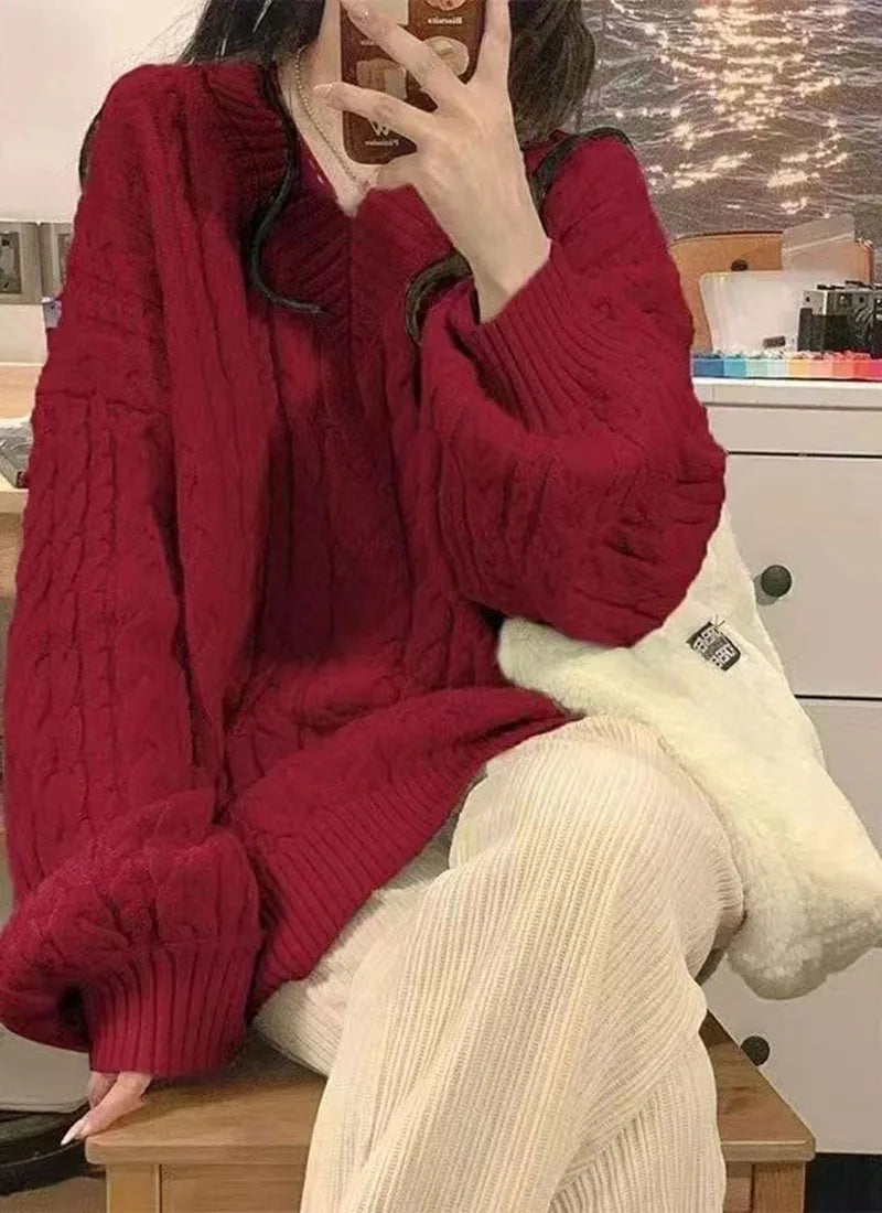 Herbst Winter Frauen Pullover Harajuku Übergroßen Gestrickte Pullover Koreanische Langarm V-ausschnitt Strickwaren Preppy Solide Lose Jumper