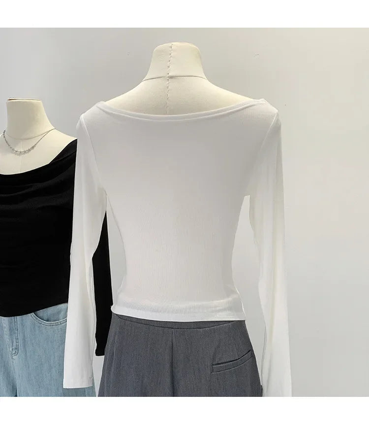 Off-The-Shoulder Long Sleeve T-Shirt Women's Early Autumn New Slimming Design Korean Style Sweet And Spicy Fashion Tops.