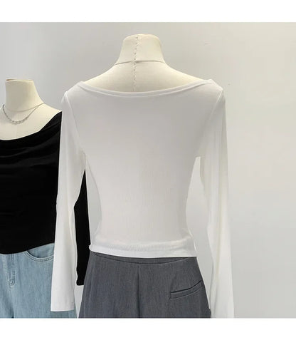 Off-The-Shoulder Long Sleeve T-Shirt Women's Early Autumn New Slimming Design Korean Style Sweet And Spicy Fashion Tops.