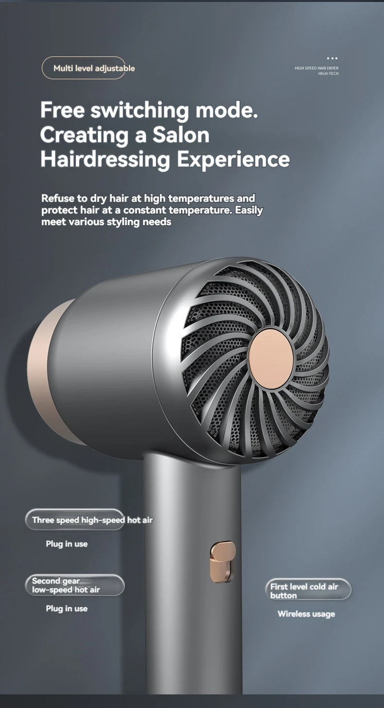 Wireless charging hair dryer for household use, high-speed negative ion hair dryer, high-power bladeless hair care, quick drying.