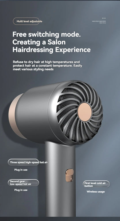 Wireless charging hair dryer for household use, high-speed negative ion hair dryer, high-power bladeless hair care, quick drying.