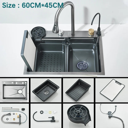 304 Stainless Steel Waterfall Kitchen Sink Large Single Slot with Chopping Board Cup Washer