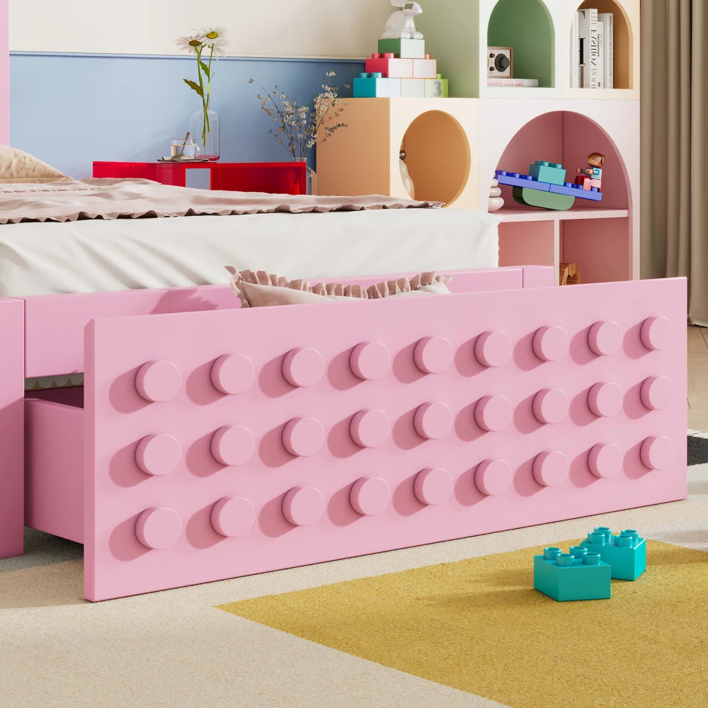 Jugendbett mit kreativem Blockdesign, Gestell aus Massivholz mit Gitterrost, mit Stauraum unter dem Bett, ohne Matratze