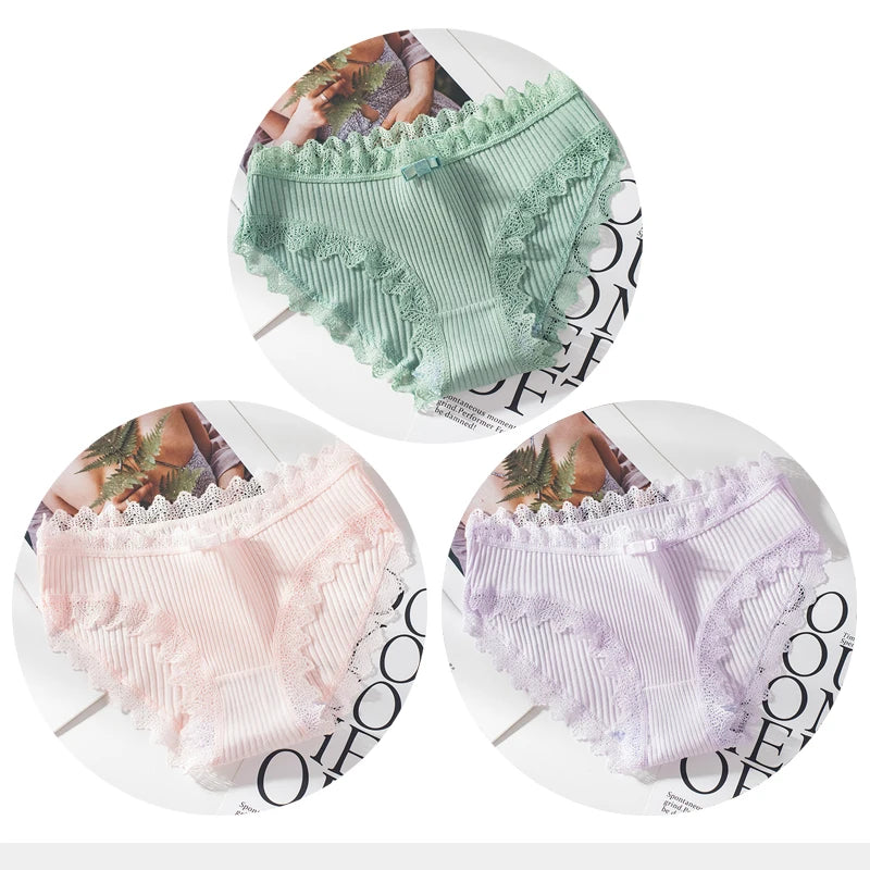 Cotton Panties Woman Sexy Lace Briefs Fashion Solid Color knickers Girls Bow Underpants Set Underwear 3 Pcs/lot.