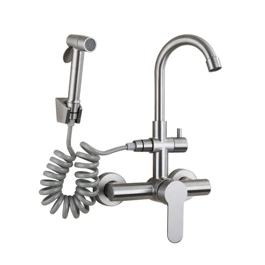 Kitchen Faucet Stainless Steel Double Hole Hot and Cold Mixing Tap Wall Mount Balcony Laundry Swivel Tap With Spray Gun 주방수전
