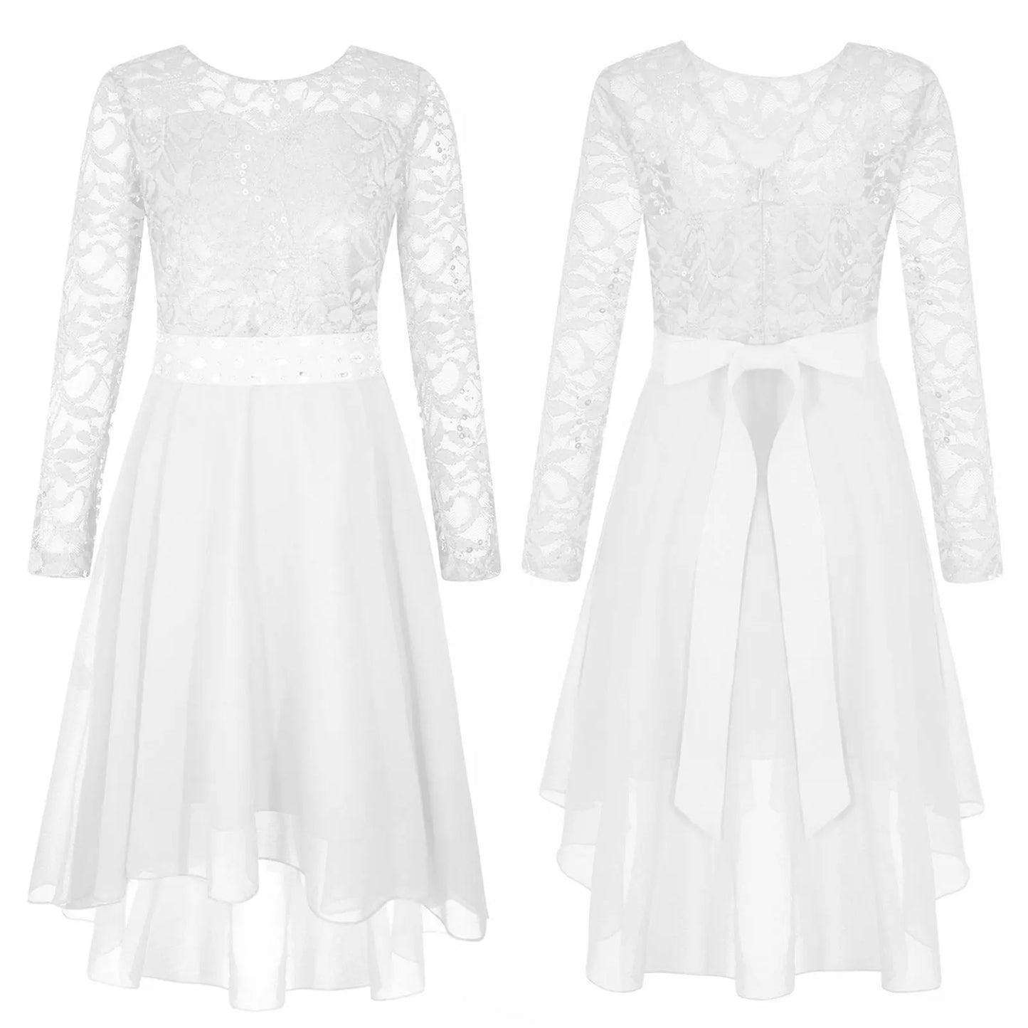 Elegantes Spitzen-Partykleid für Kinder, Mädchen, Chiffon, Spleißen, langärmelig, Kleid mit hohem und niedrigem Saum und Strass-Schärpe für Hochzeit, Geburtstag