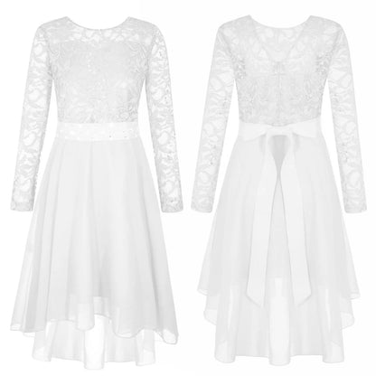 Elegantes Spitzen-Partykleid für Kinder, Mädchen, Chiffon, Spleißen, langärmelig, Kleid mit hohem und niedrigem Saum und Strass-Schärpe für Hochzeit, Geburtstag