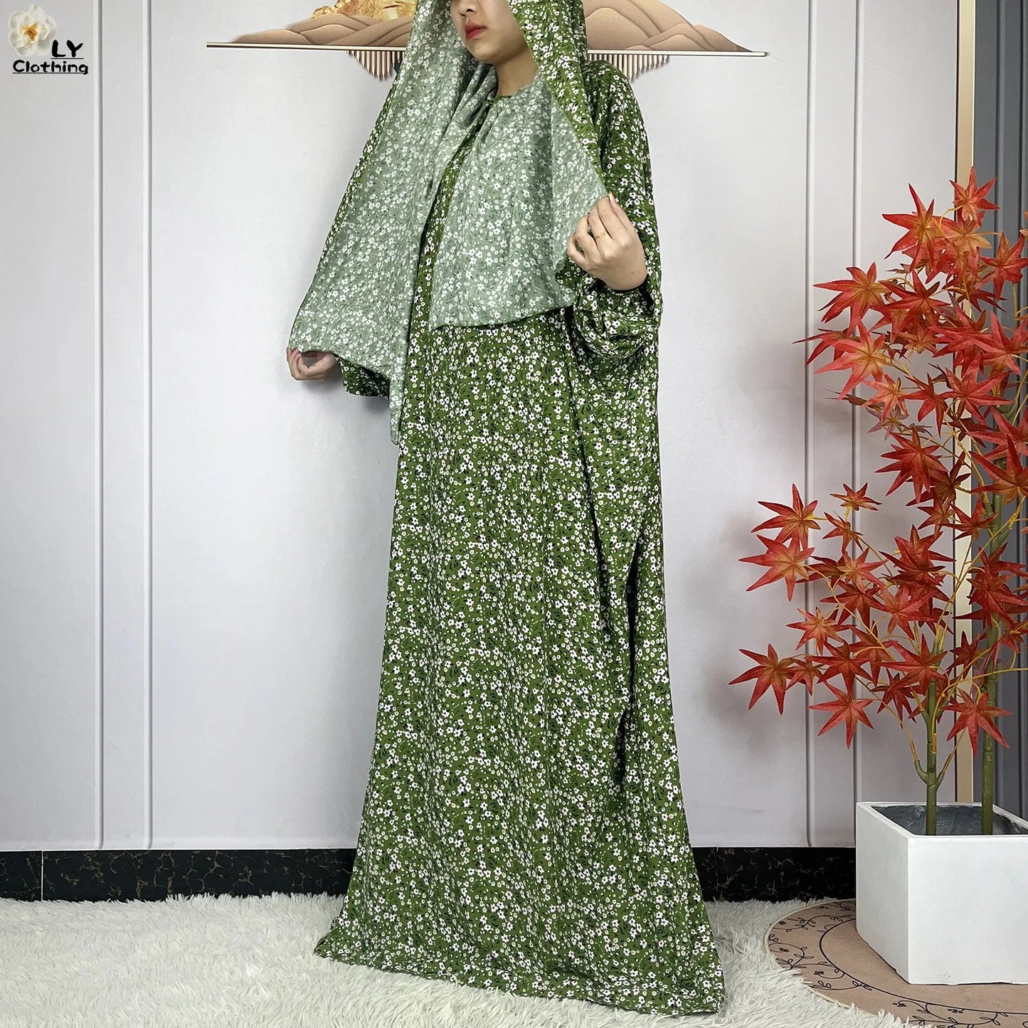 New Muslim Long Sleeved Cotton For Women Ramadan Prayer Turkey Middle East Femme Robe Floral Loose African Abaya Dress Scarfs