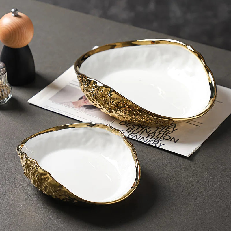 Shell-shaped Plate with Rock Pattern Household Gold-plated Ceramic Steamed Fish Soup Plate Hotel Fruit Salad Dessert Tableware.
