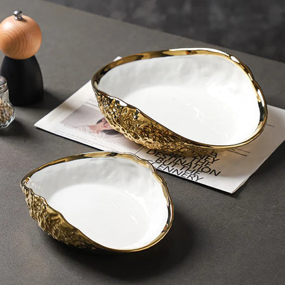 Shell-shaped Plate with Rock Pattern Household Gold-plated Ceramic Steamed Fish Soup Plate Hotel Fruit Salad Dessert Tableware.