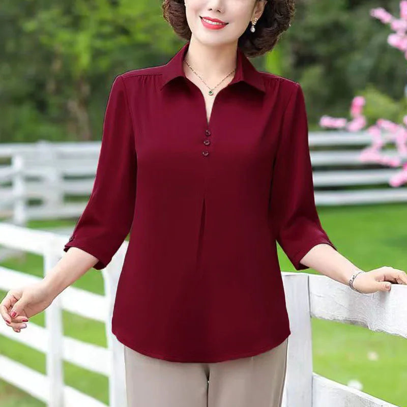 1pcs Woman Summer Solid Blouses Shirt Lady Thin Pullover Shirt Female Casual Half Sleeve Turn-down Collar Loose Top Mom Clothing.