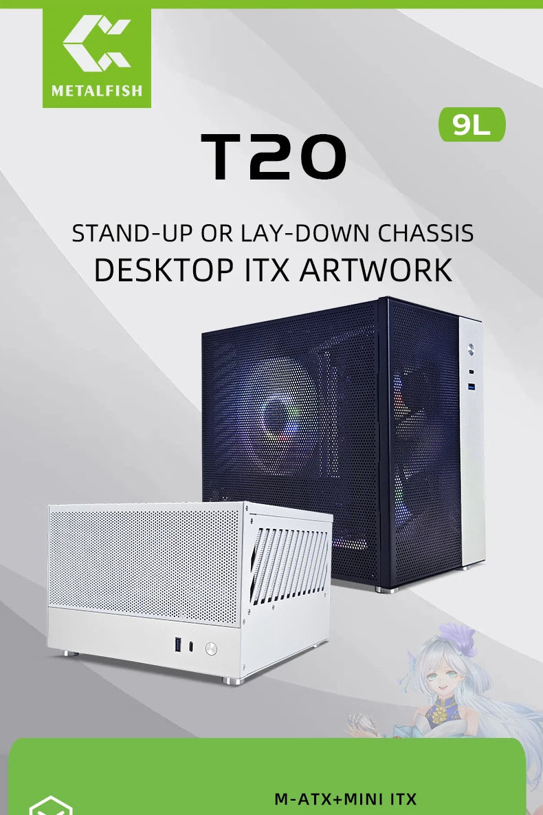 METALFISH T20 Mini ITX Case 9L Gaming Computer White Chassis Compact PC Support Flex PSU/100mm Cooler/180Liquid Cooler/240mm GPU.