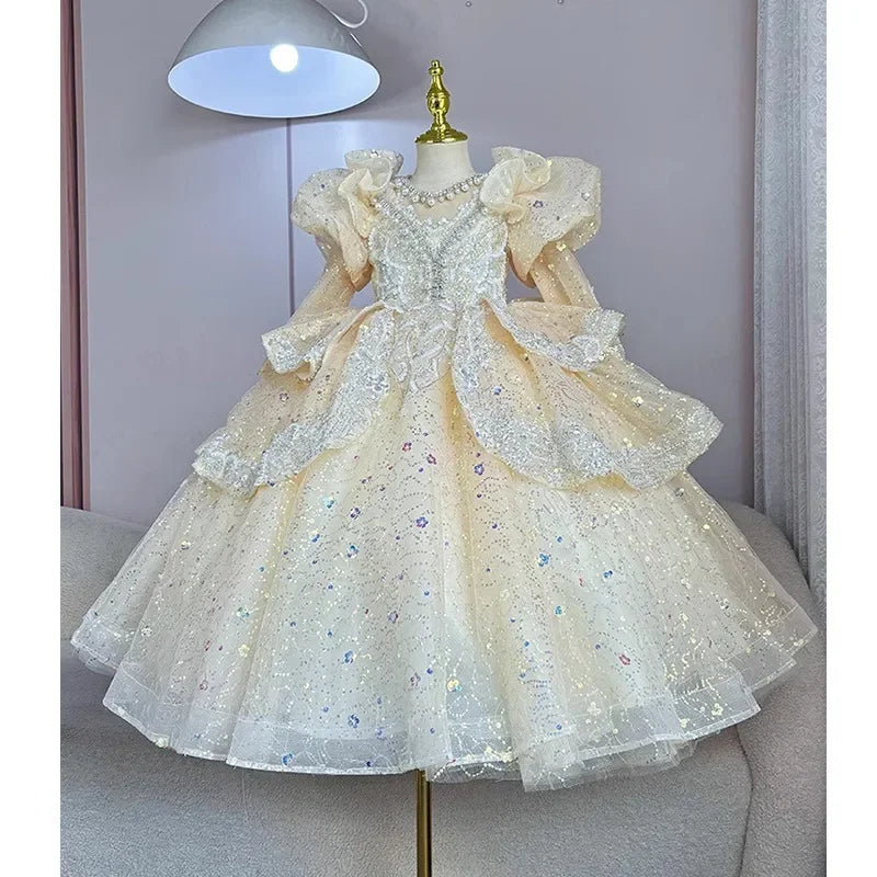 2025, Kinderkleid, Performance-Outfit, Mädchen, Blumenmädchen, Geburtstag, Prinzessinnenkleider, glitzernde Pailletten, bauschiges Kleid, rote Partykleidung für Kinder.