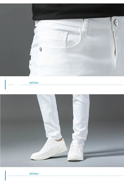 2025 Spring Summer New 98%Cotton Men's Slim Jeans Straight Casual Fashion Pencil Pants High Quality Trousers Male Clothes White.
