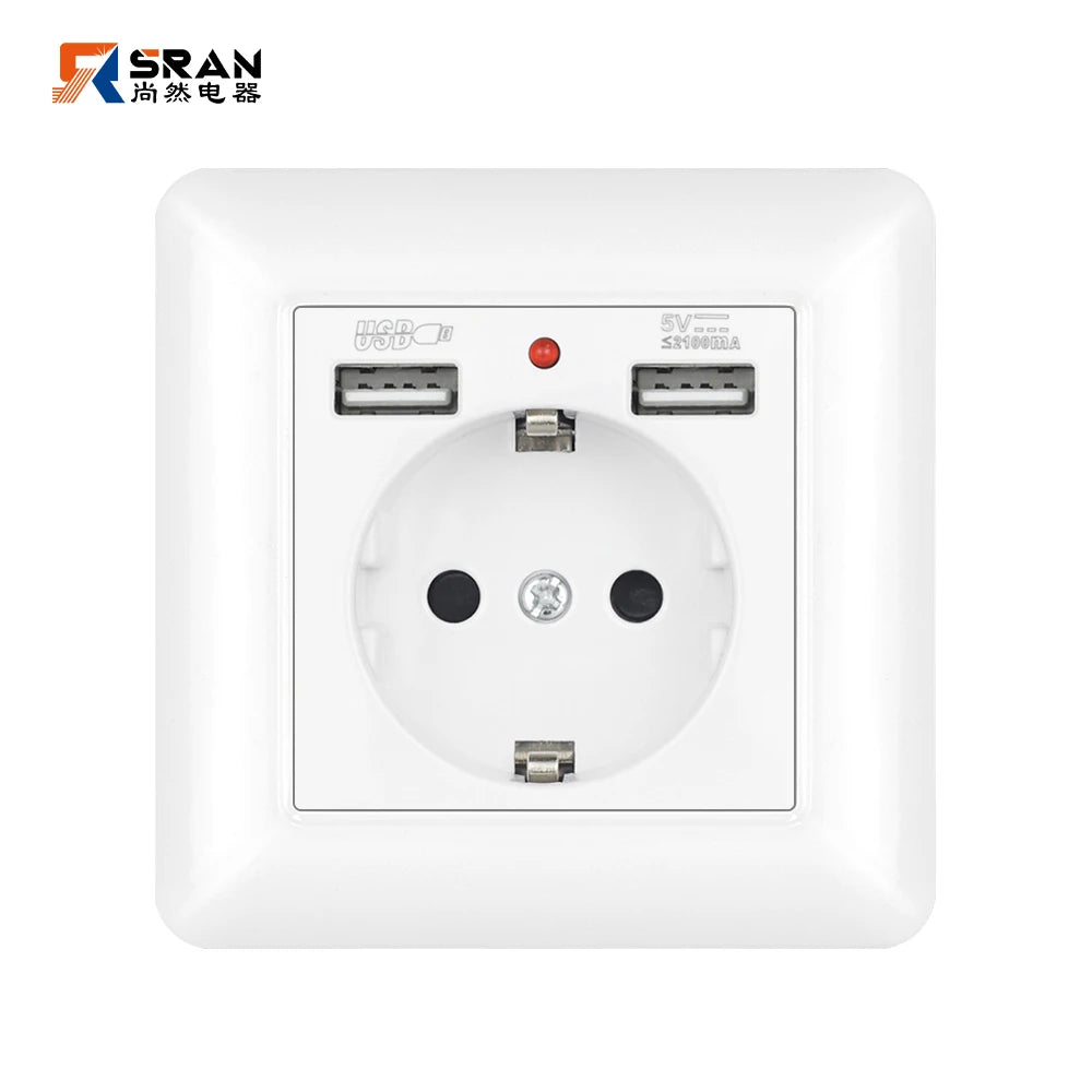 SRAN USB-Wandsteckdose, 20 W, schnelles Laden und 5 V, 2 A, EU-Standard, 82 x 82 mm, flammhemmendes PC-Panel, USB-Typ-C-Kombination.