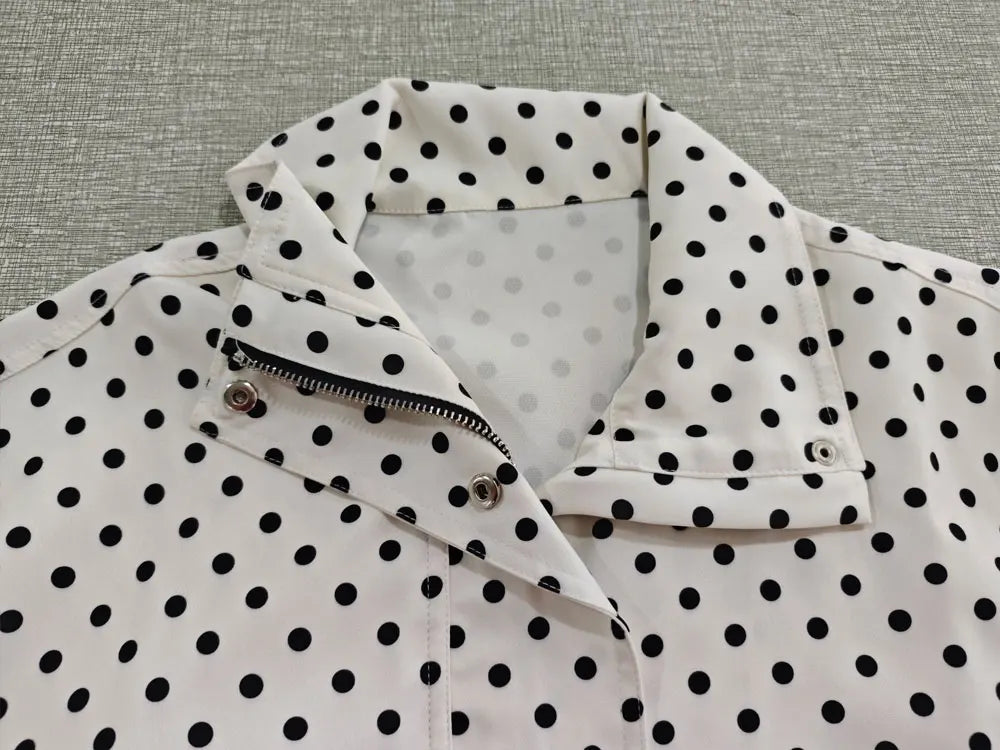 TRAFZA Herbst Polka Dot Gedruckt Jacke Für Frauen Lange Ärmel Rollkragen Zipper Mit Taschen Kordelzug Lose Vintage Mäntel.