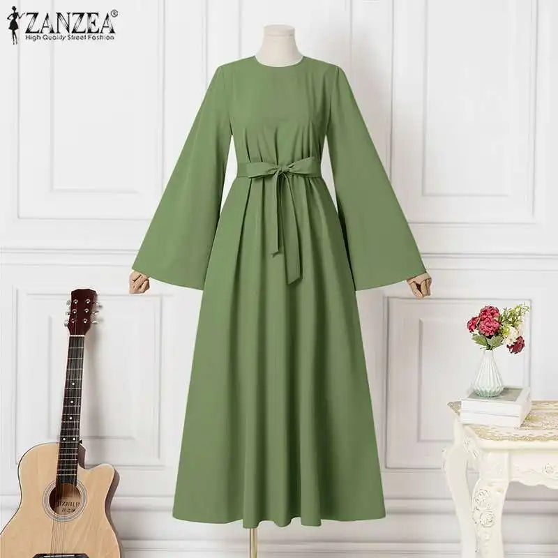 Frauen Lerisure Muslimischen Lange Kleid Übergroßen Vestidos ZANZEA 2023 Sommer Frühling Flare Ärmeln Soild Weibliche Türkische Robe Abaya.