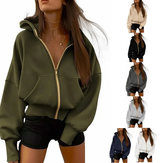 New Solid Color Zipper Splicing Hooded Coat, Women's Autumn Leisure Loose Sports Hooded Long Sleeve Coat Sweatshirt..