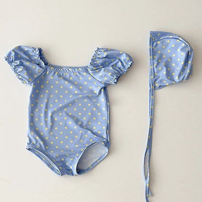 2025, Sommer Baby Badeanzug Koreanischen Stil INS Gedruckt Infant Ein Stück Overall Kleinkind Mädchen Schwimmen Body Mit Hut.