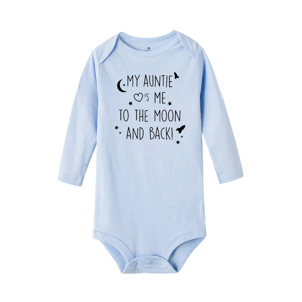 Baby-Body „Meine Tante Take Me To The Moon and Back“-Aufdruck für Neugeborene, Jungen, langärmelig, Kleidung, modisch, lässig, beste Geschenke.