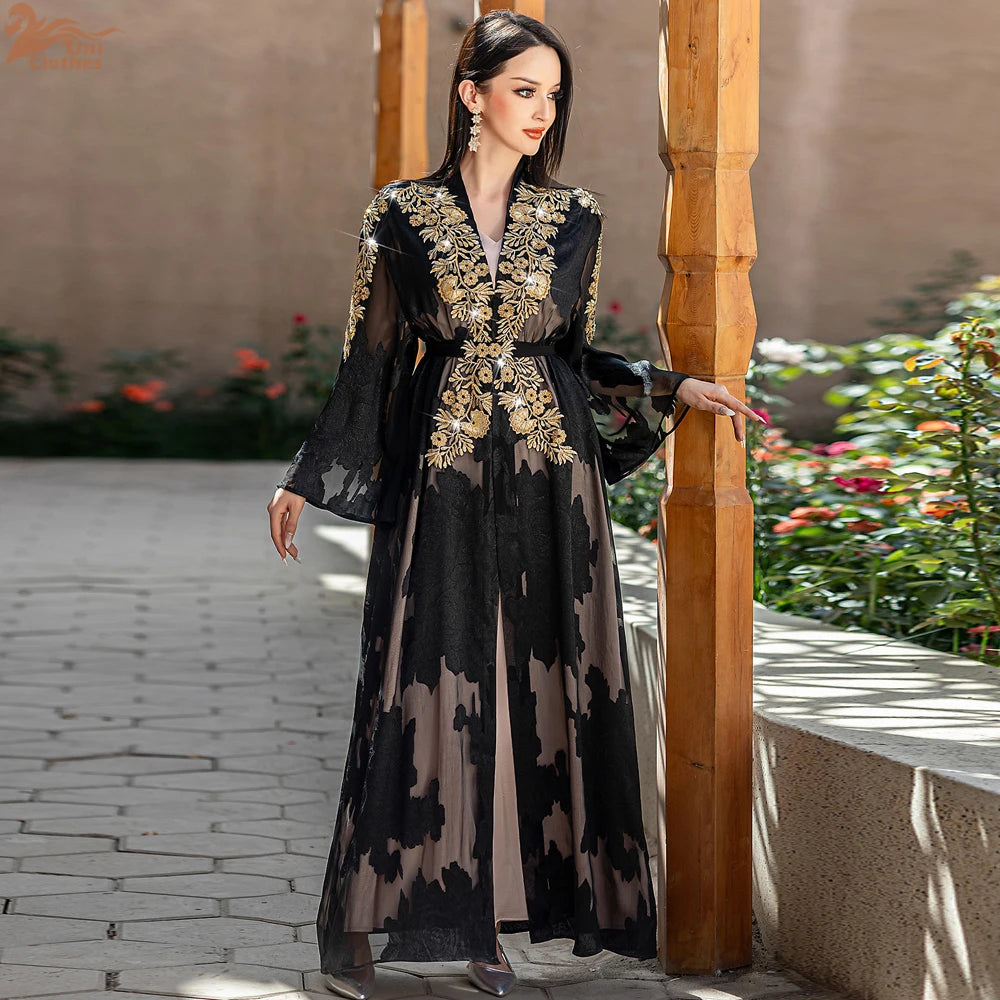 Fashion Lace Embroidered 2 Piece Set Robe Belt Abaya Dubai Kaftan Women Muslim Dress Morocco Caftan Ramadan Kebaya Jalabiya Gown.