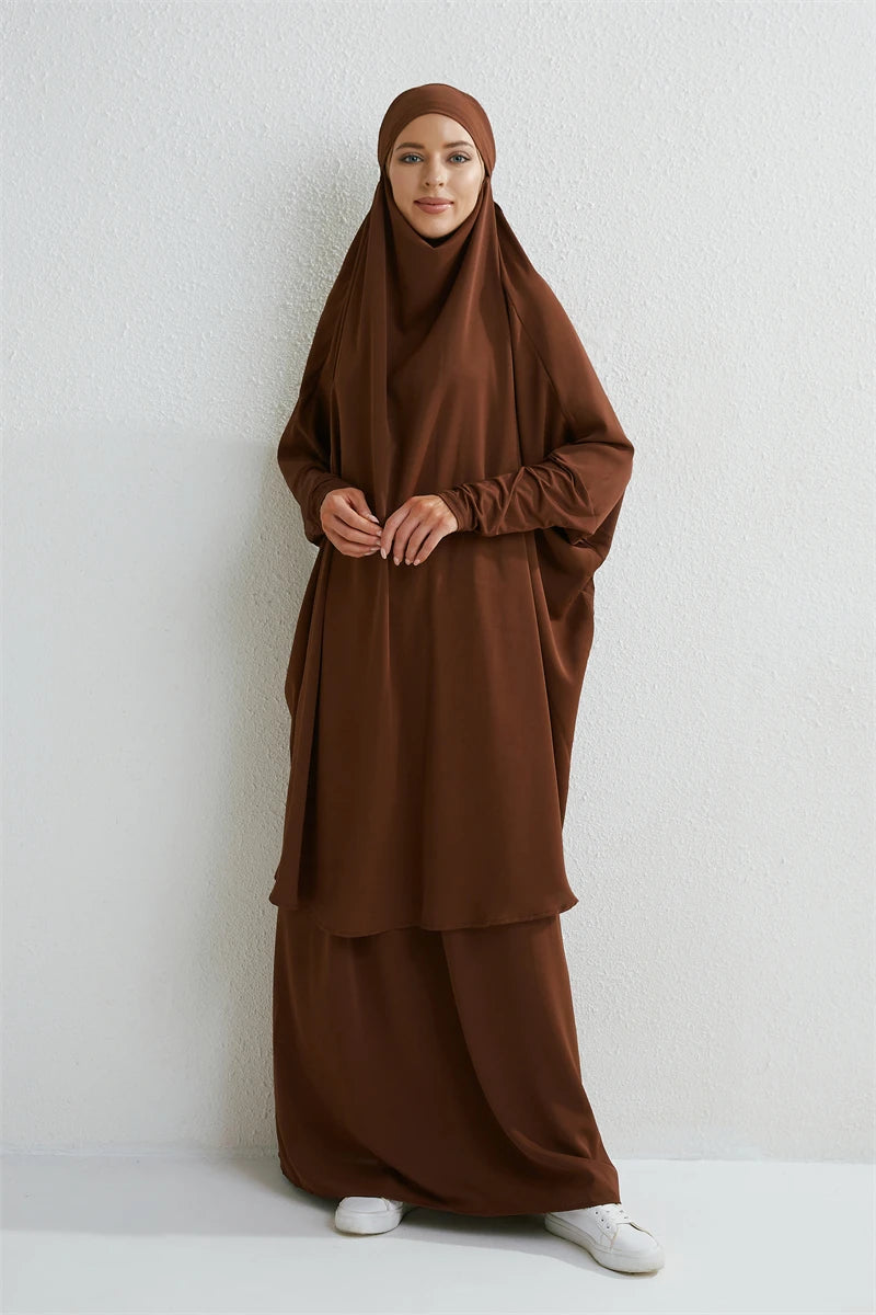 Muslim Sets Two Pieces Prayer Clothing Long Hooded Smocking Sleeve Shirts Hijab Loose Maxi Skirts Elastic Waist Women Abaya Sets.